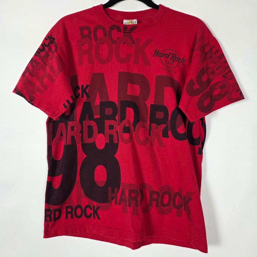 Vintage Hard Rock Cafe 98 AOP Mens Medium Short Sleeve Red Graphic T Shirt